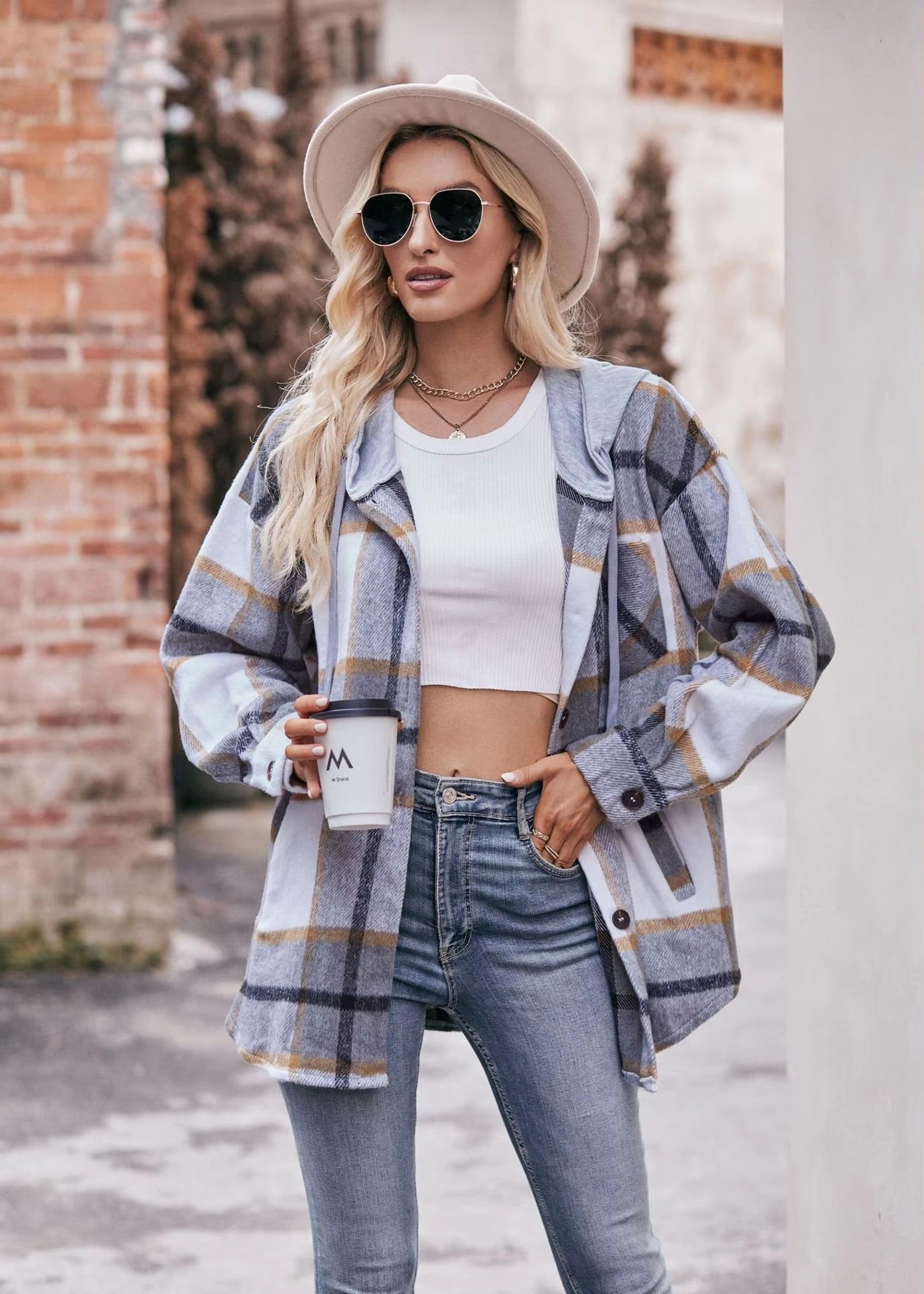 Casual Hooded Plaid Single-breasted Mid Length Shirt Coats