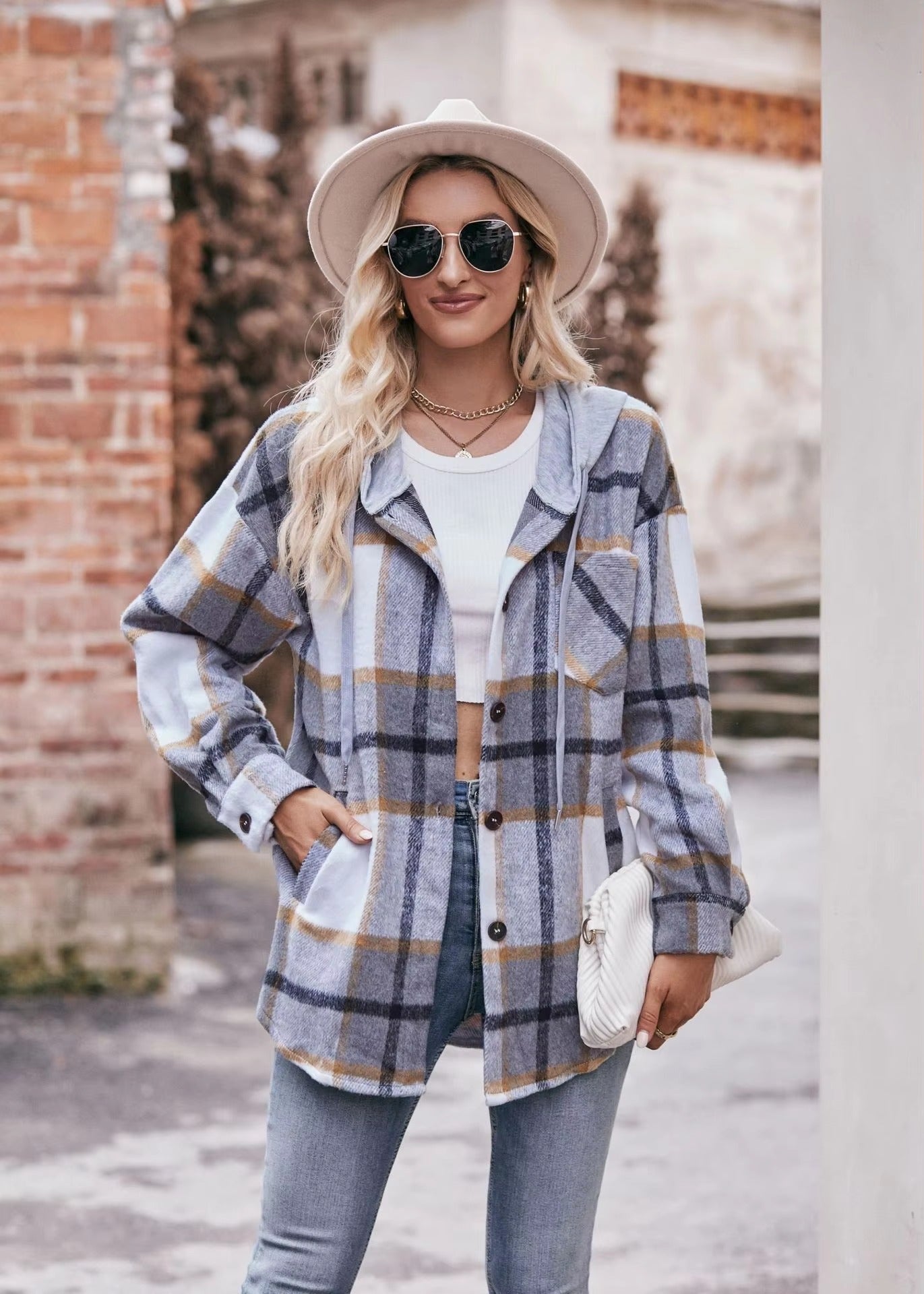 Casual Hooded Plaid Single-breasted Mid Length Shirt Coats