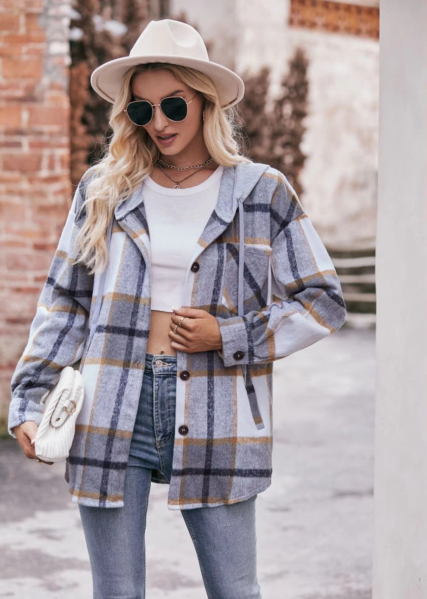 Casual Hooded Plaid Single-breasted Mid Length Shirt Coats