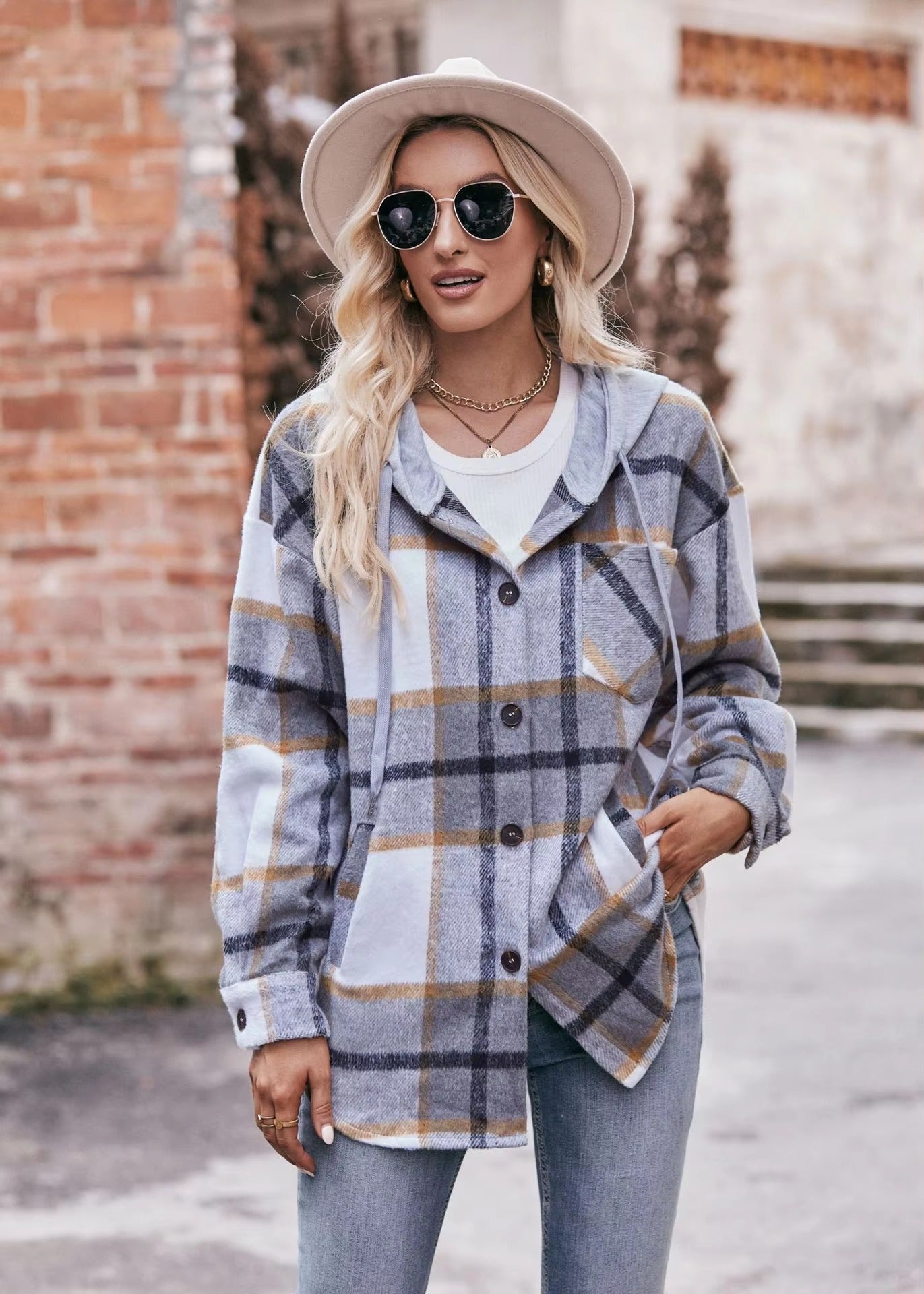 Casual Hooded Plaid Single-breasted Mid Length Shirt Coats