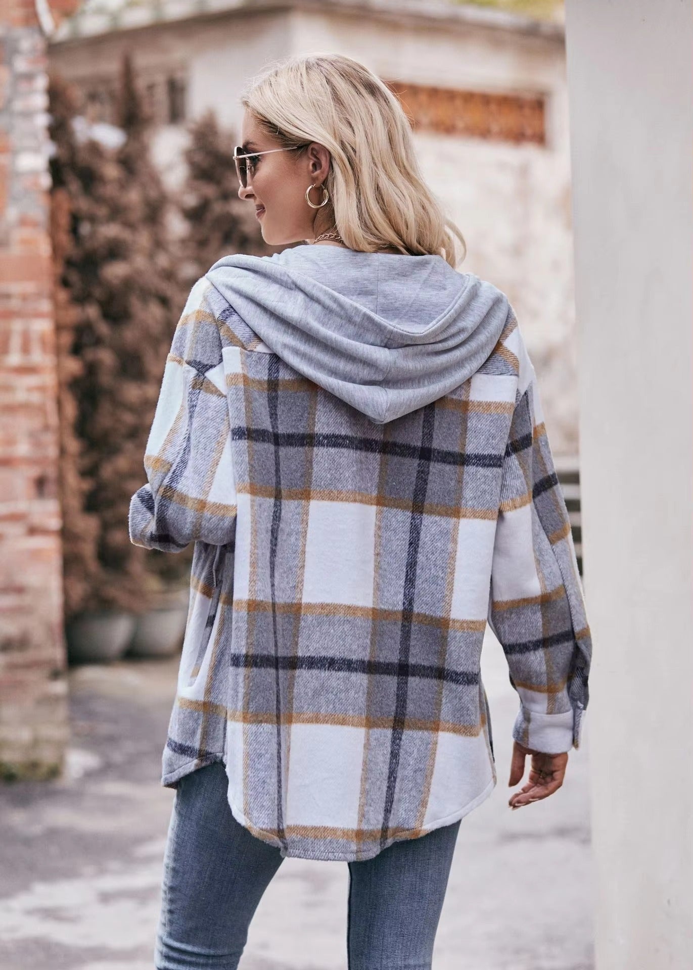 Casual Hooded Plaid Single-breasted Mid Length Shirt Coats