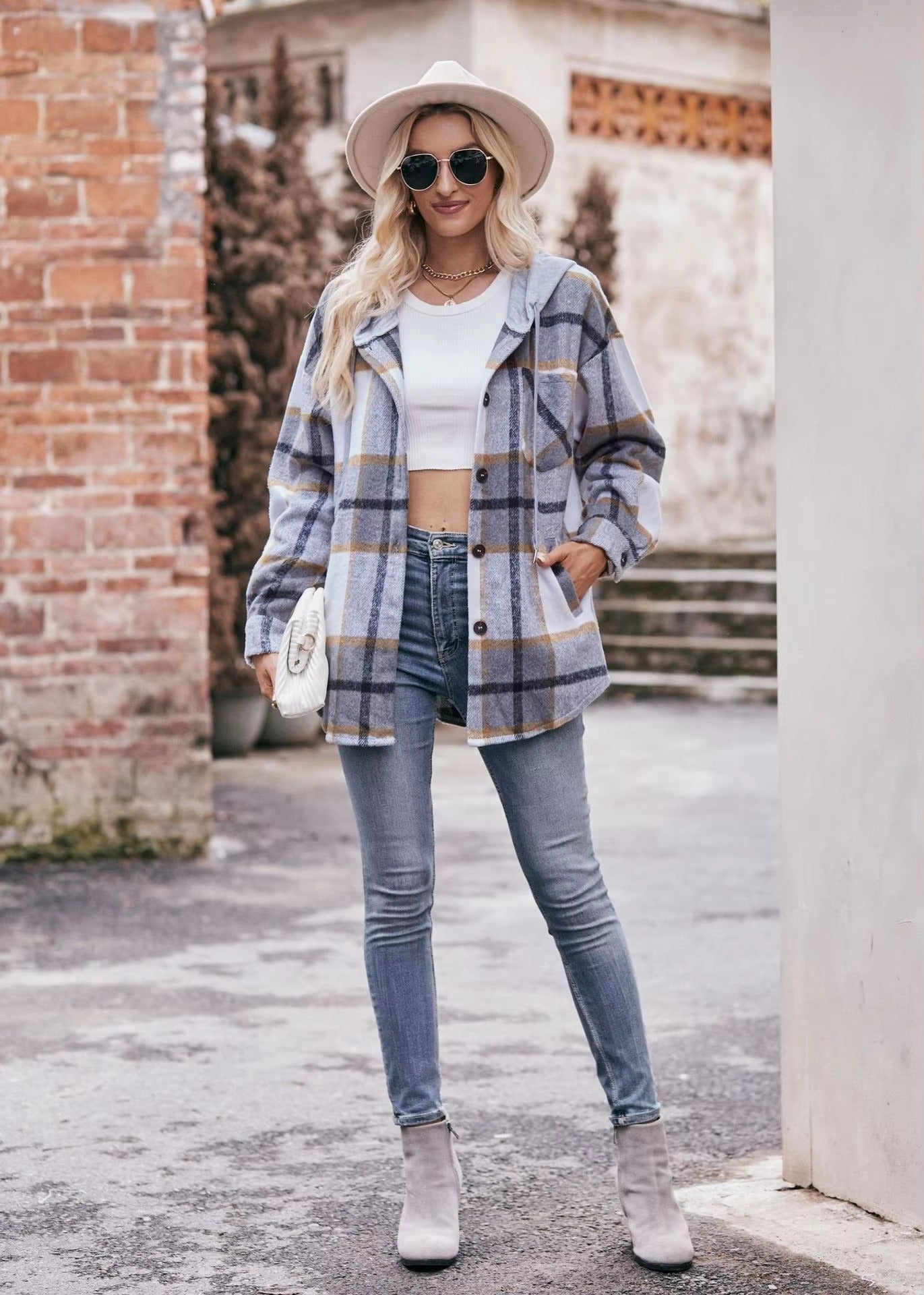 Casual Hooded Plaid Single-breasted Mid Length Shirt Coats