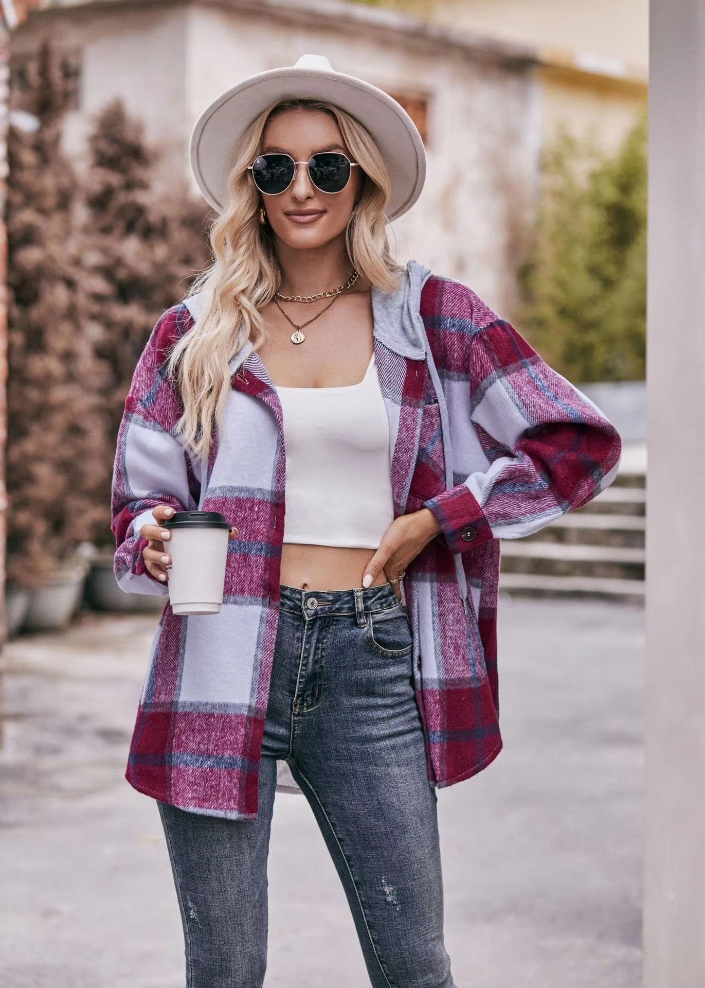 Casual Hooded Plaid Single-breasted Mid Length Shirt Coats