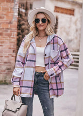 Casual Hooded Plaid Single-breasted Mid Length Shirt Coats