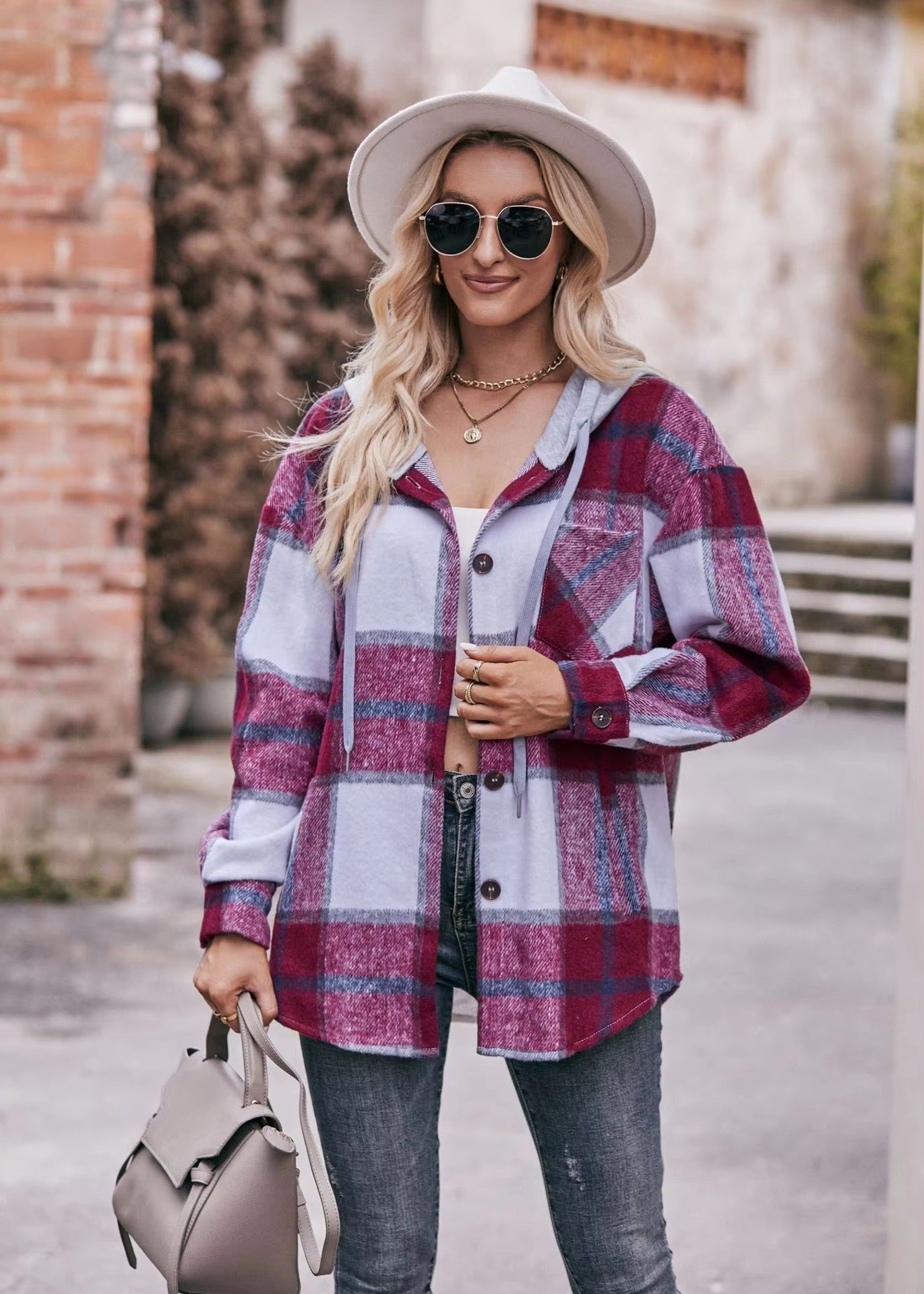 Casual Hooded Plaid Single-breasted Mid Length Shirt Coats
