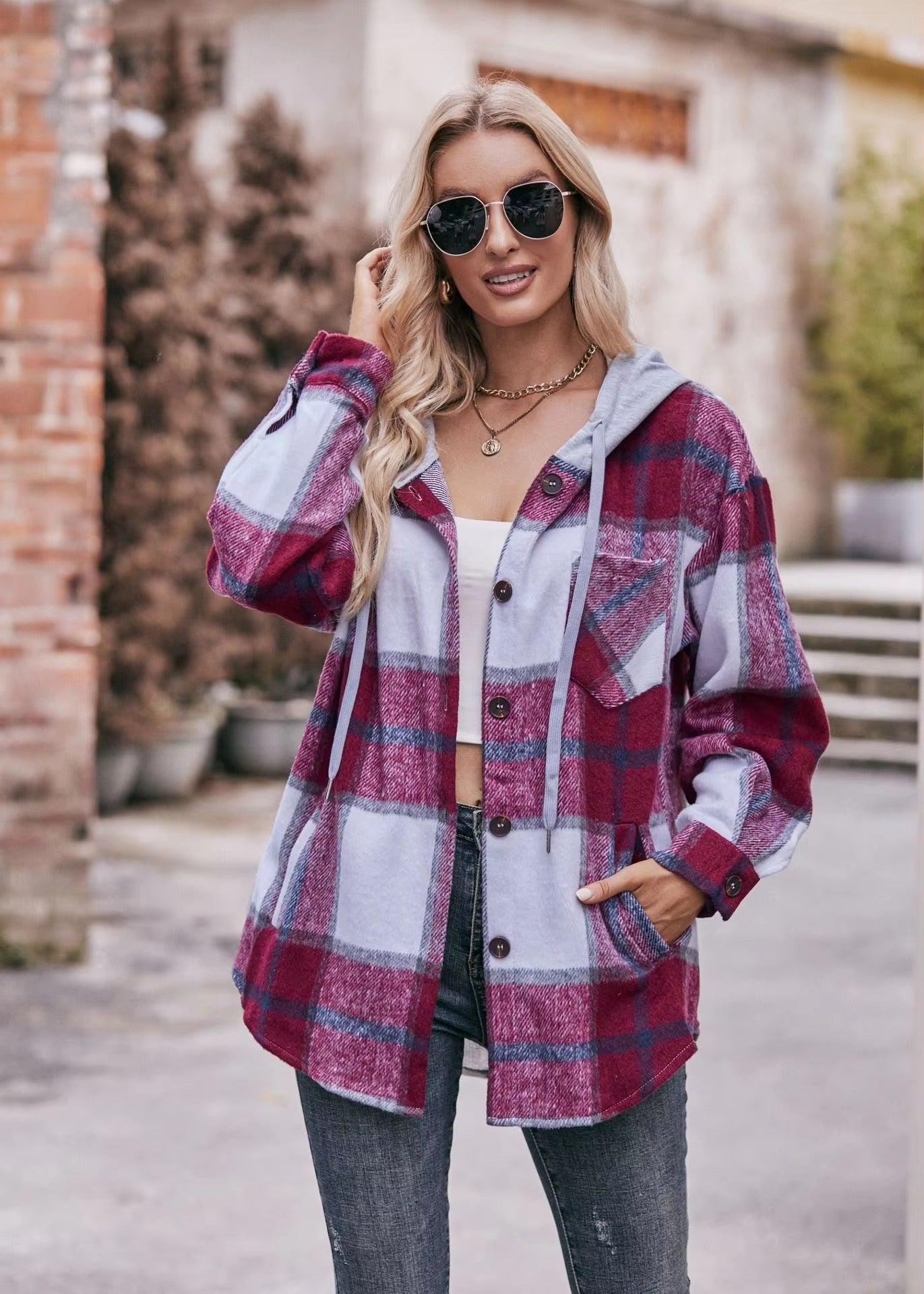 Casual Hooded Plaid Single-breasted Mid Length Shirt Coats