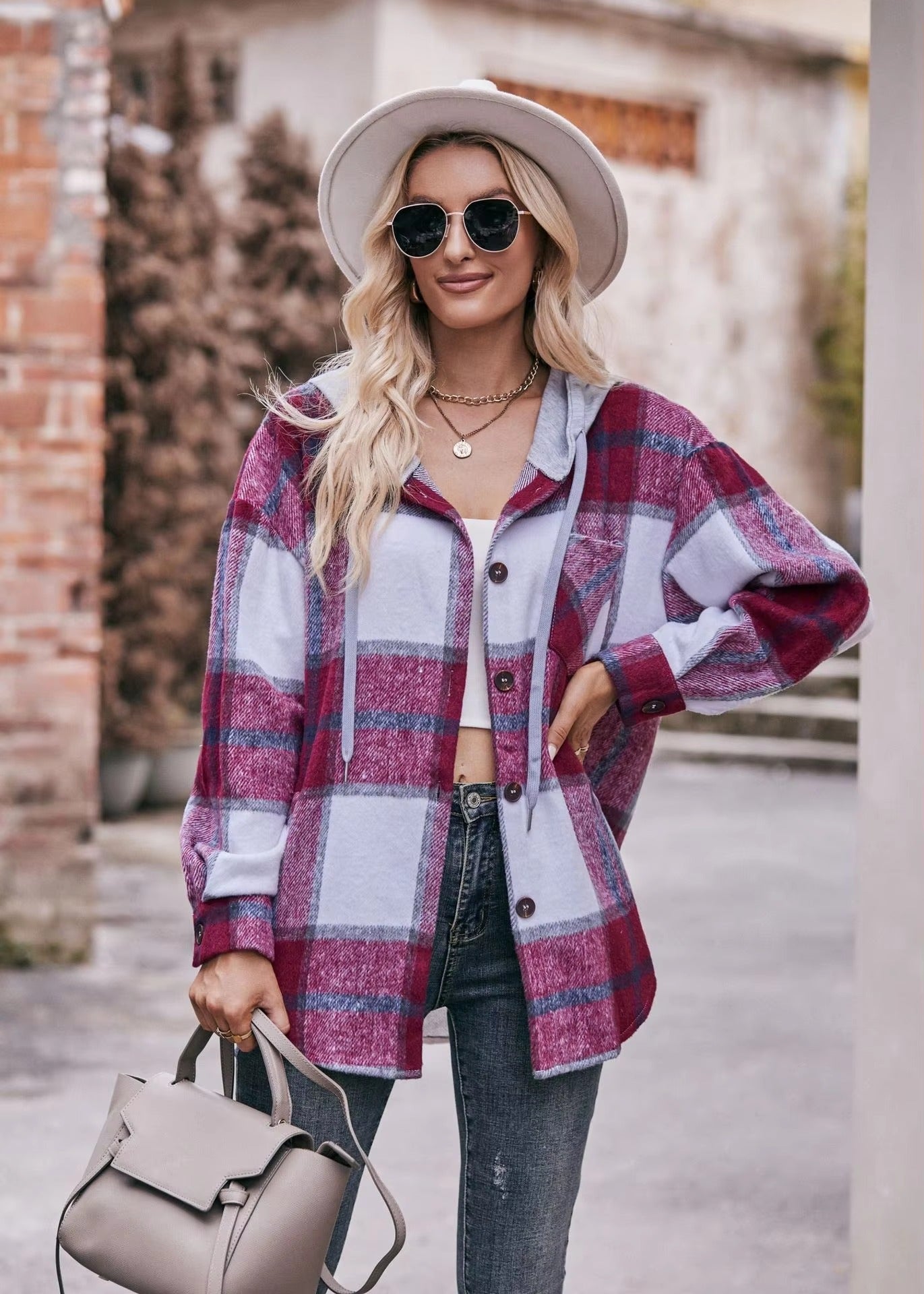 Casual Hooded Plaid Single-breasted Mid Length Shirt Coats