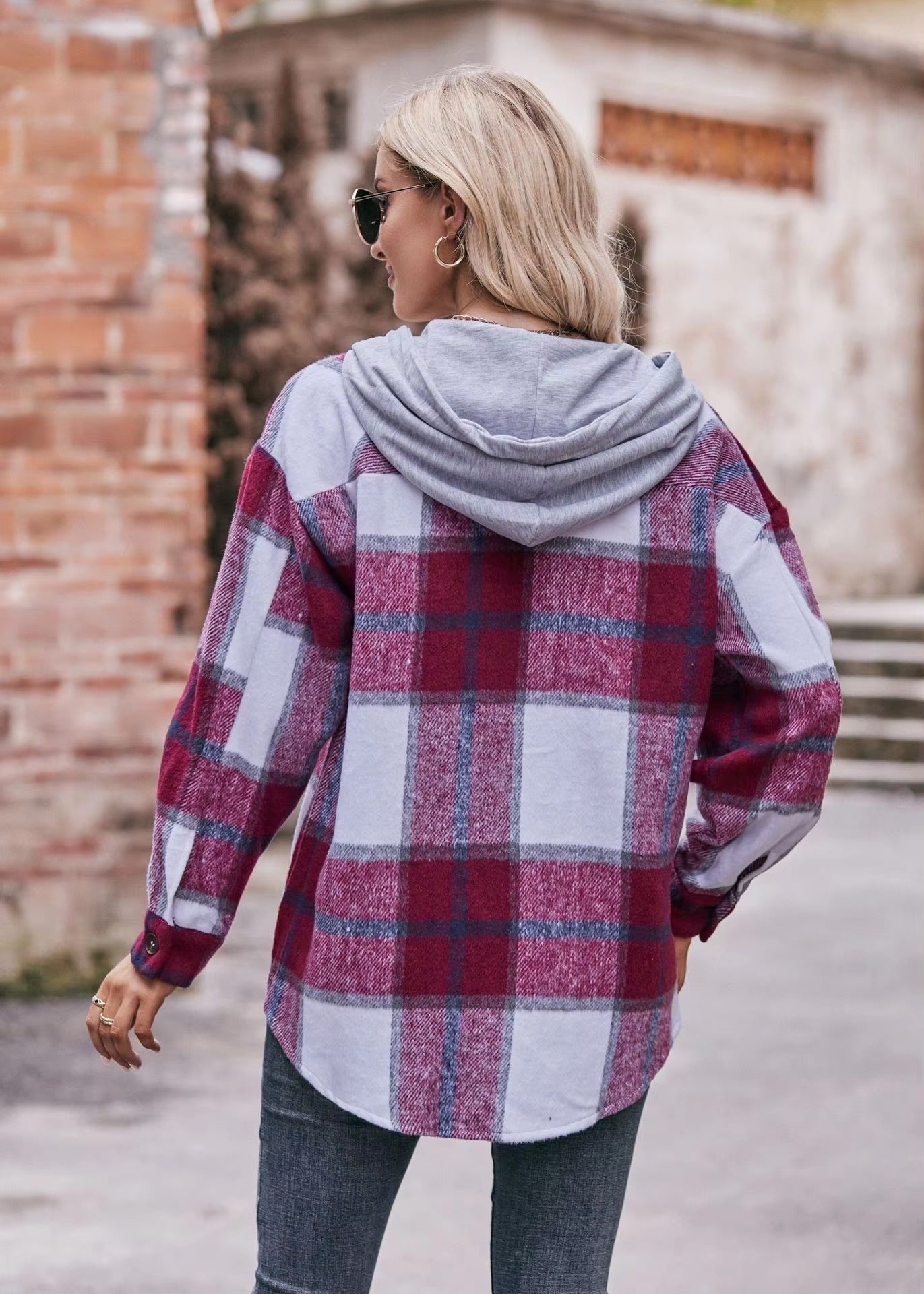 Casual Hooded Plaid Single-breasted Mid Length Shirt Coats