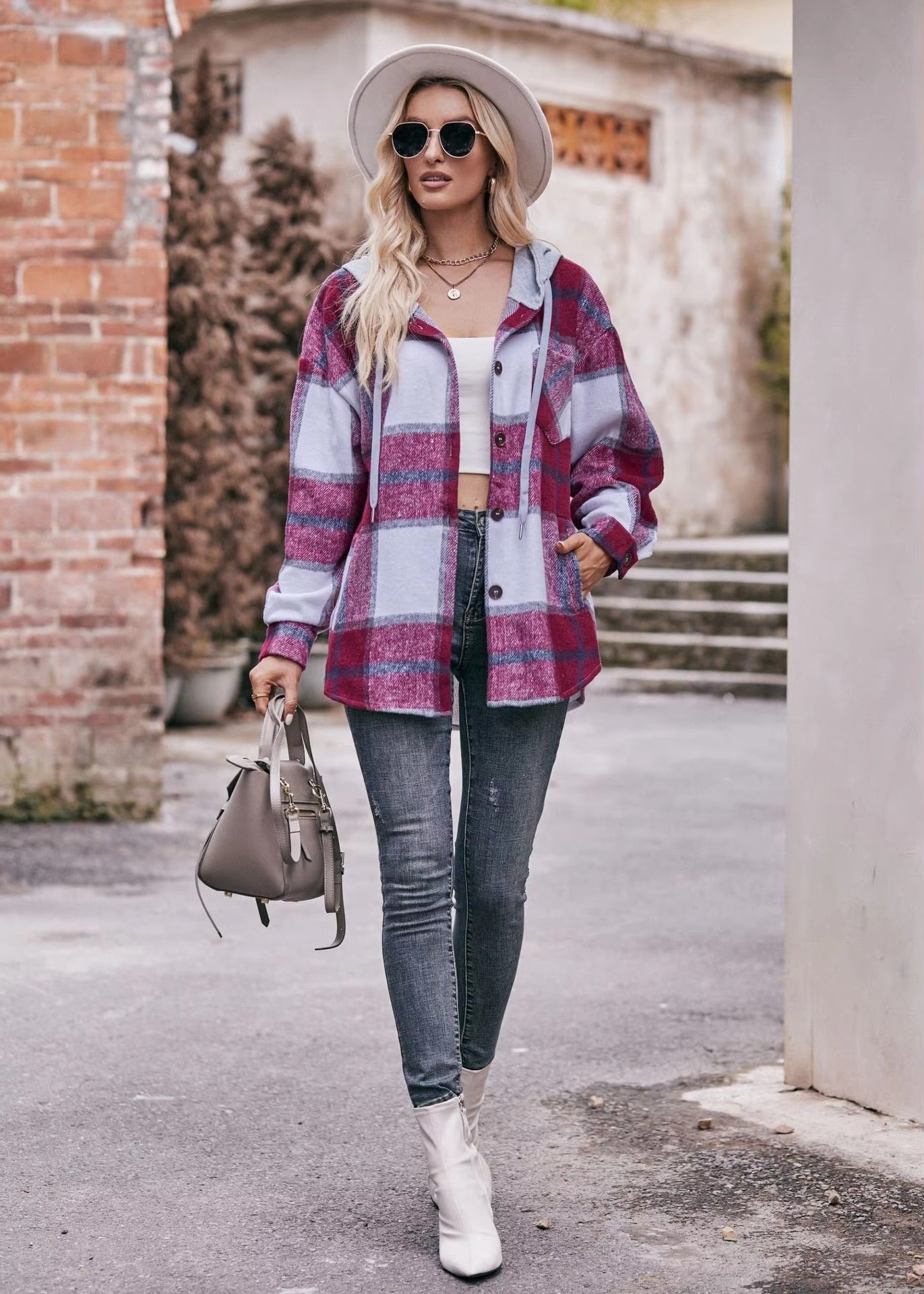 Casual Hooded Plaid Single-breasted Mid Length Shirt Coats
