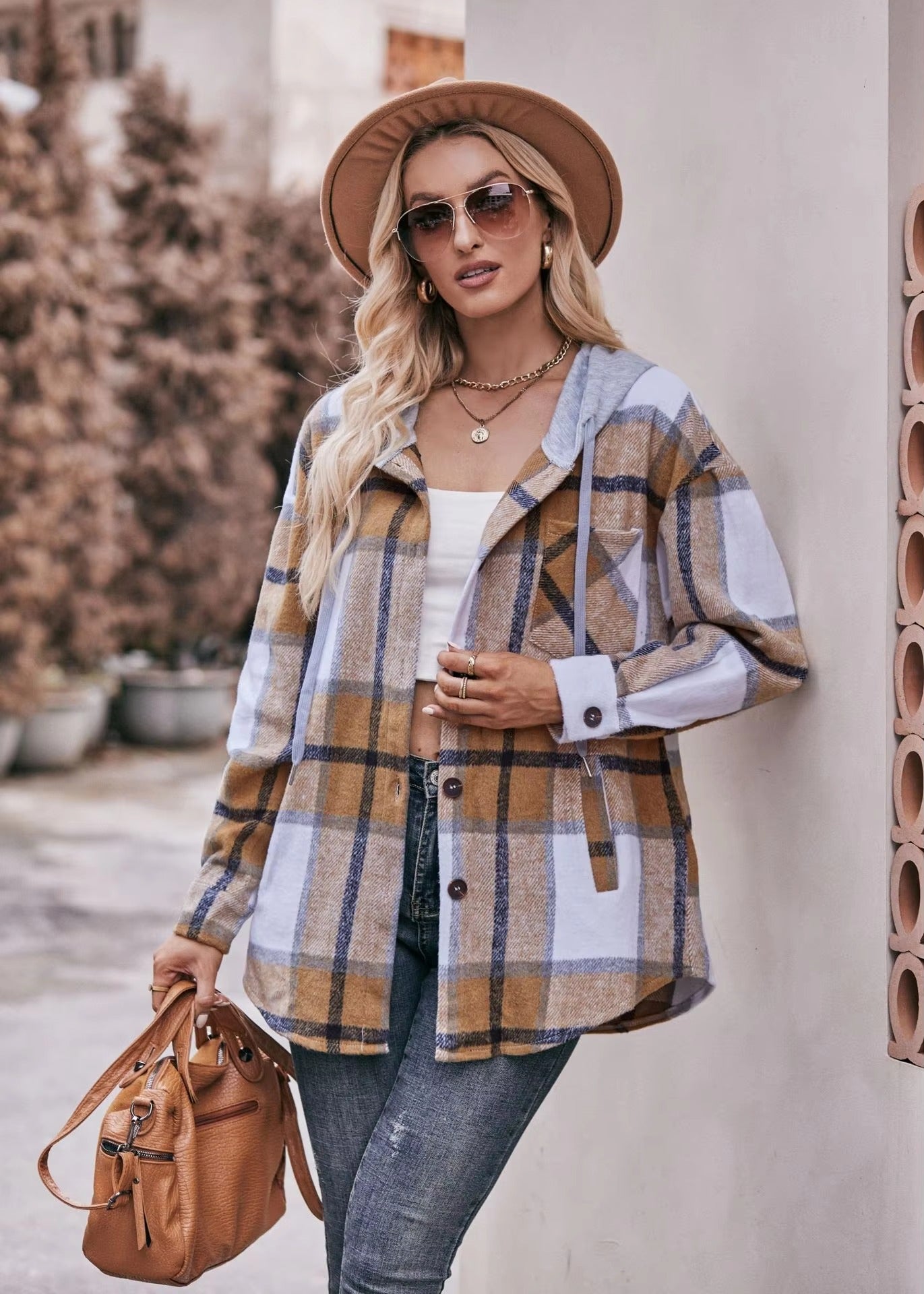 Casual Hooded Plaid Single-breasted Mid Length Shirt Coats