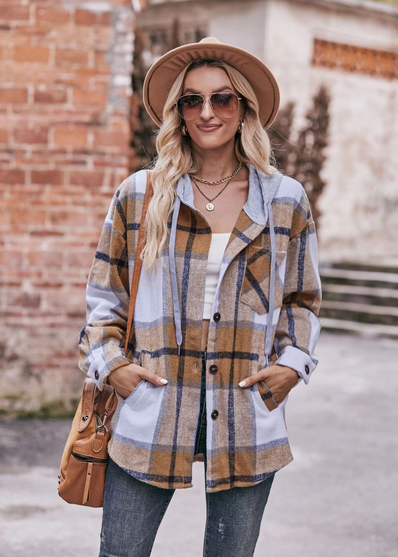 Casual Hooded Plaid Single-breasted Mid Length Shirt Coats