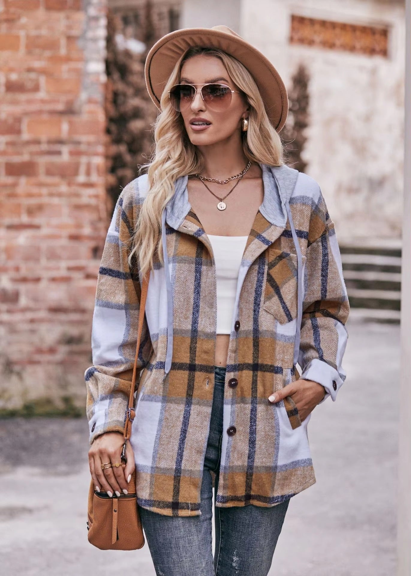 Casual Hooded Plaid Single-breasted Mid Length Shirt Coats