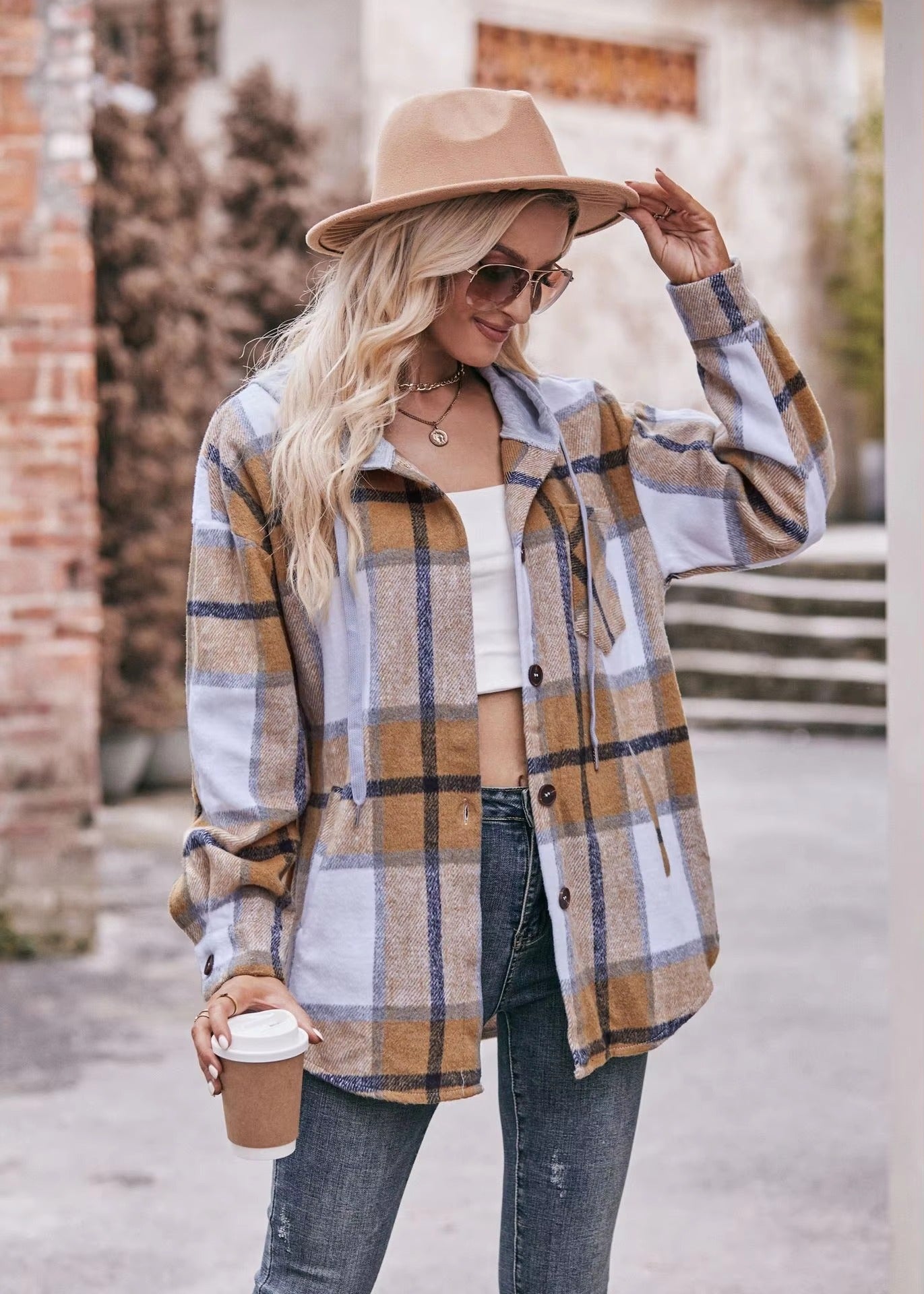 Casual Hooded Plaid Single-breasted Mid Length Shirt Coats
