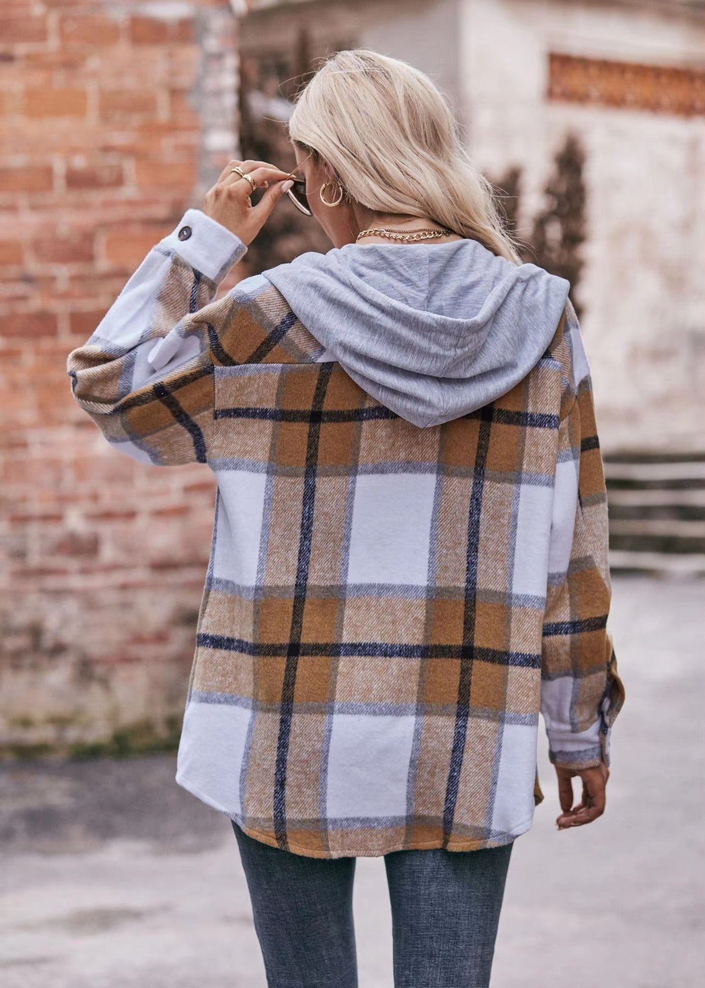 Casual Hooded Plaid Single-breasted Mid Length Shirt Coats