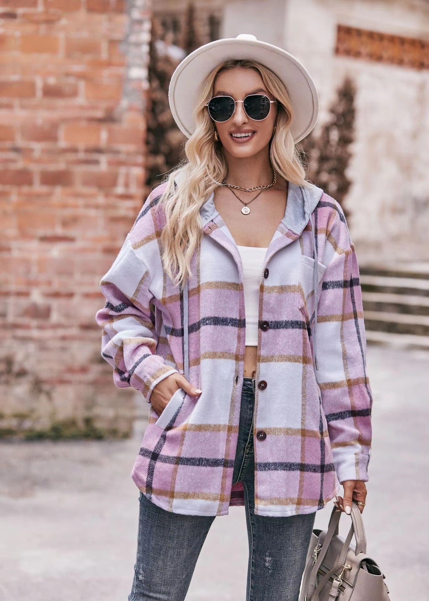 Casual Hooded Plaid Single-breasted Mid Length Shirt Coats