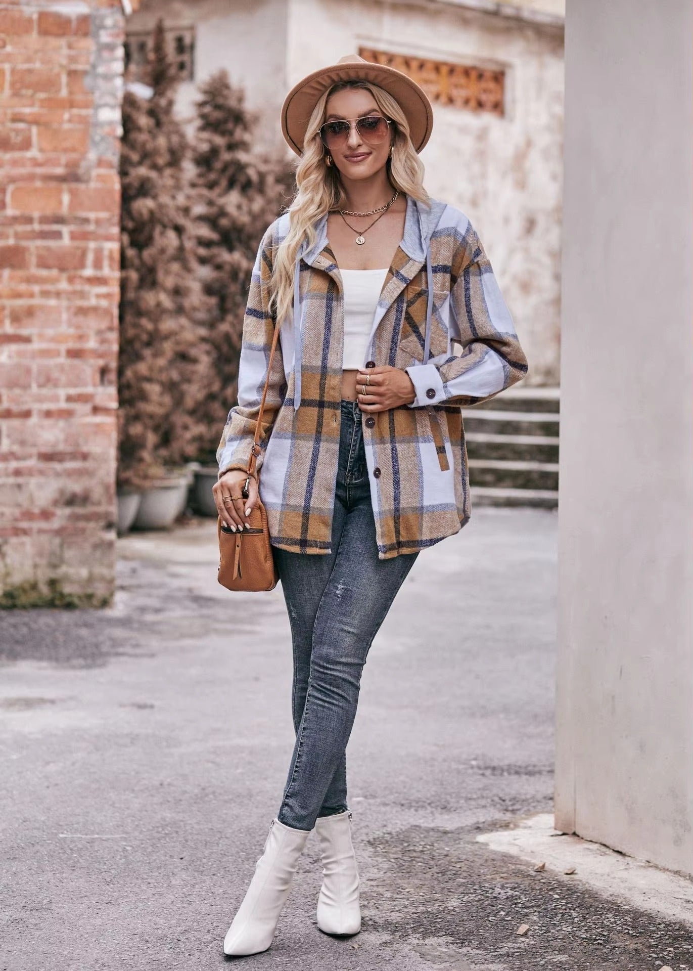 Casual Hooded Plaid Single-breasted Mid Length Shirt Coats