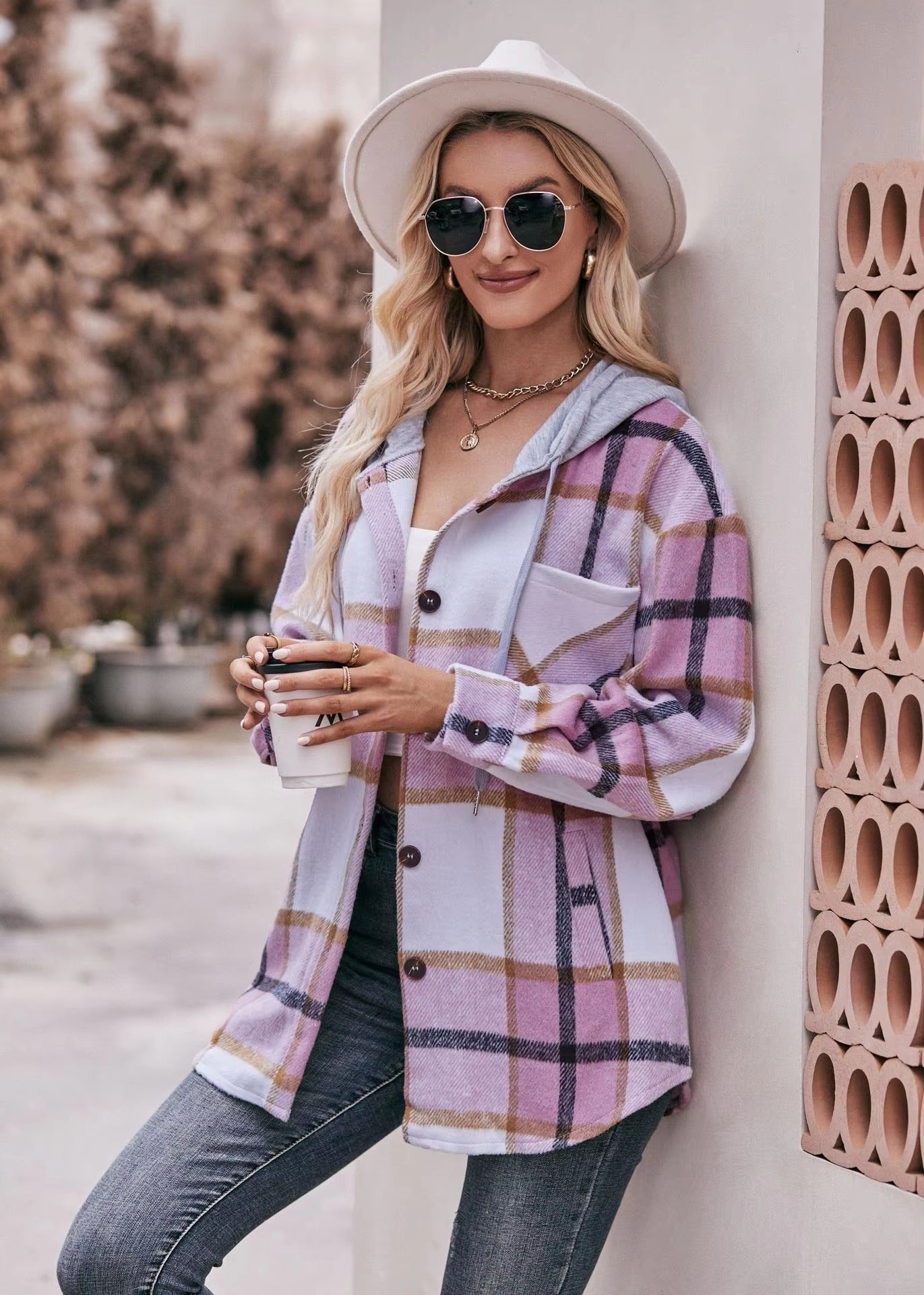 Casual Hooded Plaid Single-breasted Mid Length Shirt Coats