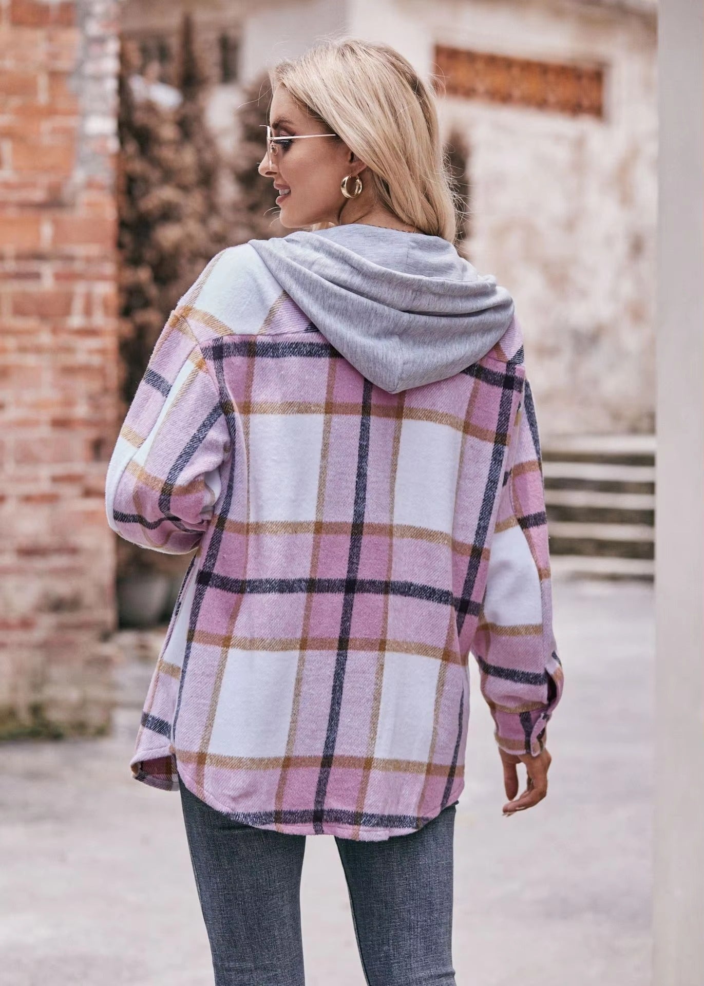 Casual Hooded Plaid Single-breasted Mid Length Shirt Coats