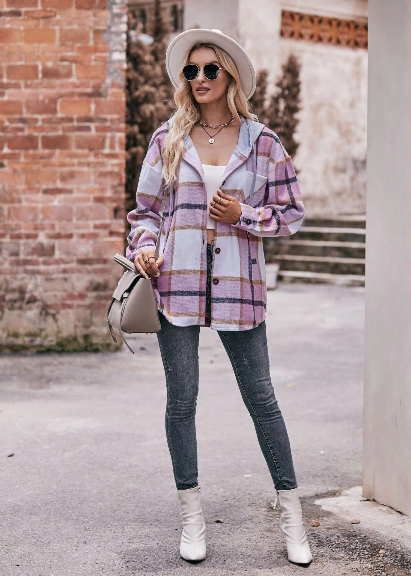 Casual Hooded Plaid Single-breasted Mid Length Shirt Coats