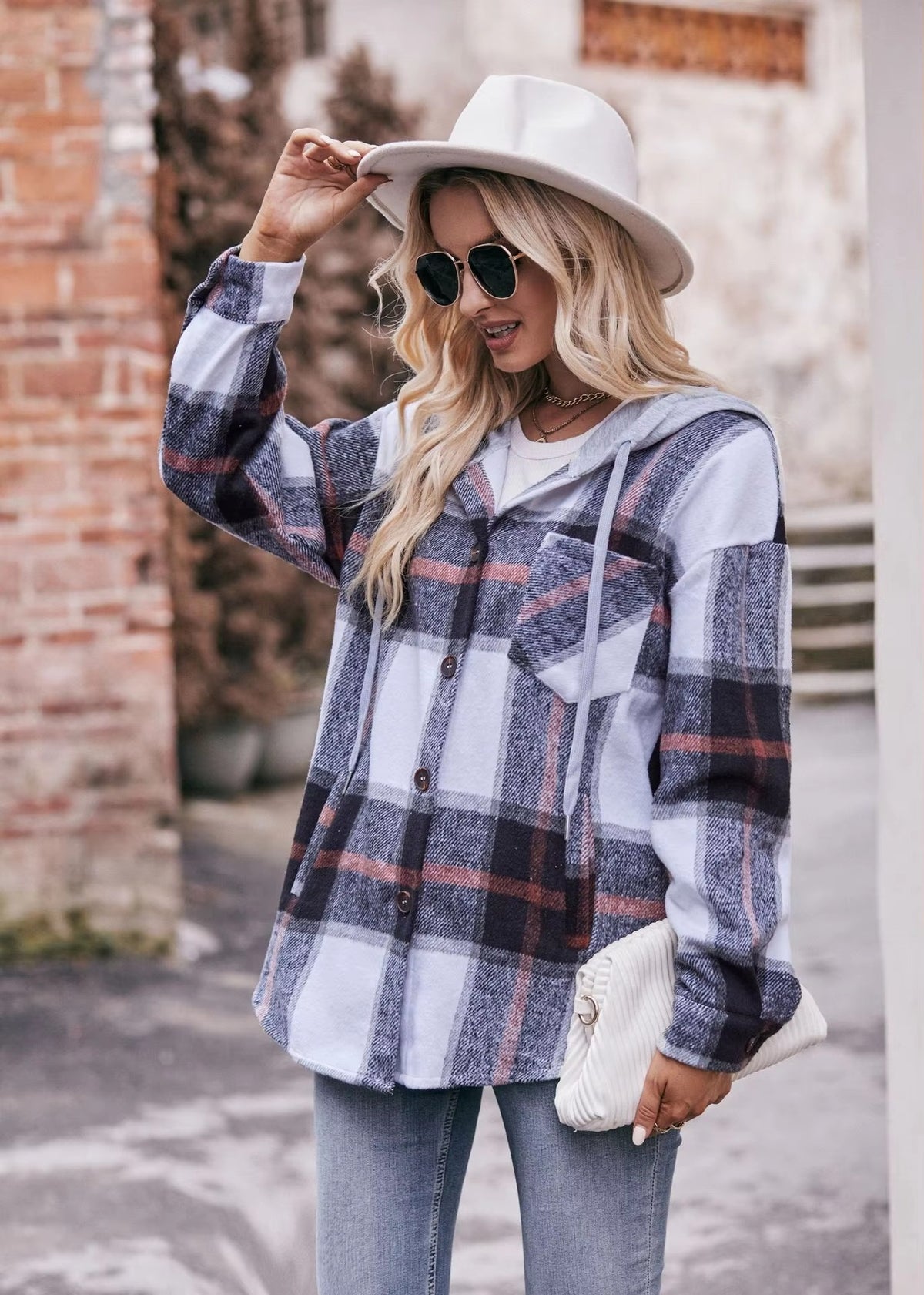 Casual Hooded Plaid Single-breasted Mid Length Shirt Coats