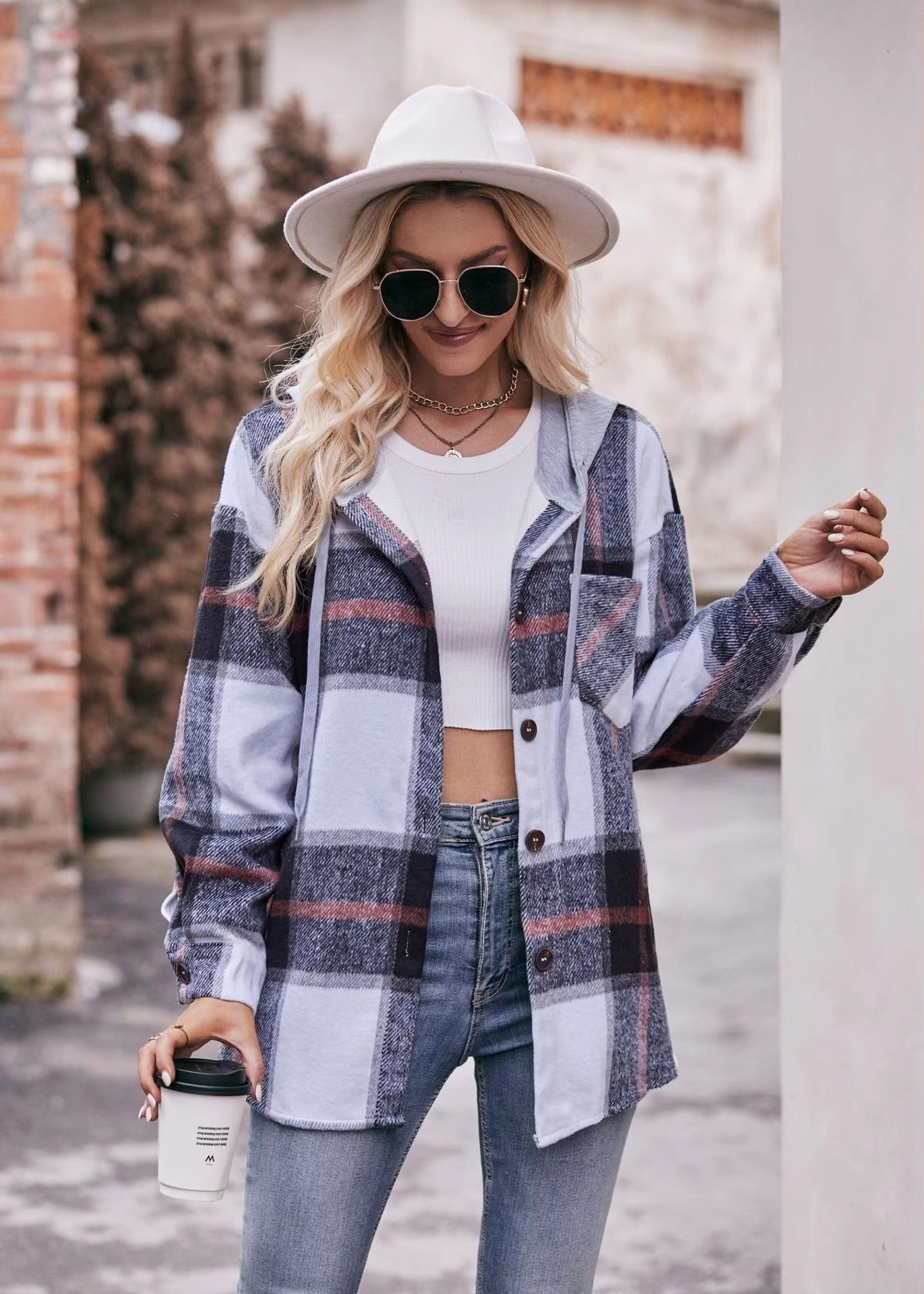 Casual Hooded Plaid Single-breasted Mid Length Shirt Coats