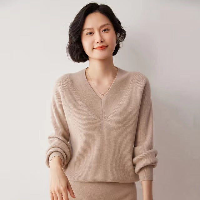 Casual Knit V- Neck Cashmere High Stretch Loose Sweater