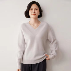 Casual Knit V- Neck Cashmere High Stretch Loose Sweater