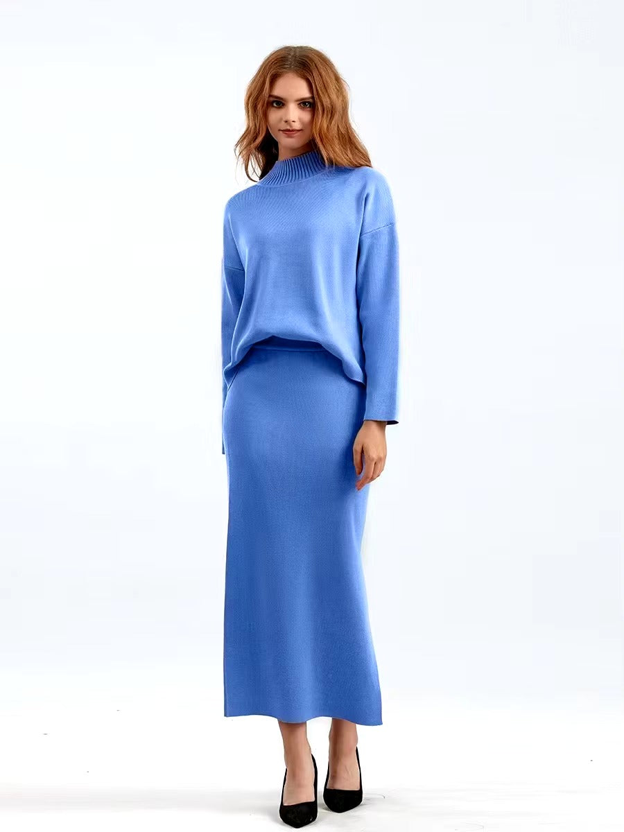 Casual Knitted Loose Warm Pullovers Sweater Two Pieces Long Skirt Suits
