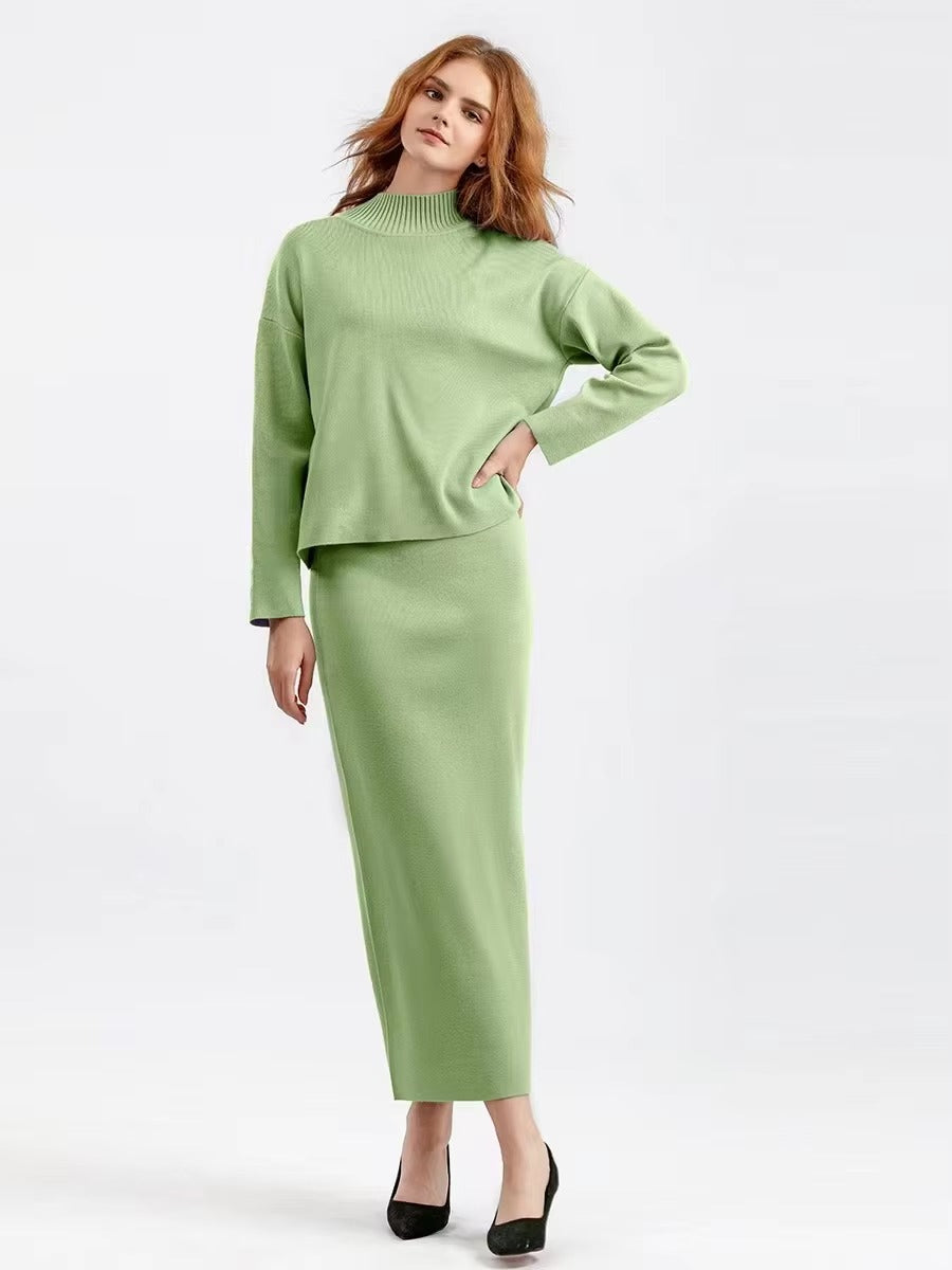 Casual Knitted Loose Warm Pullovers Sweater Two Pieces Long Skirt Suits