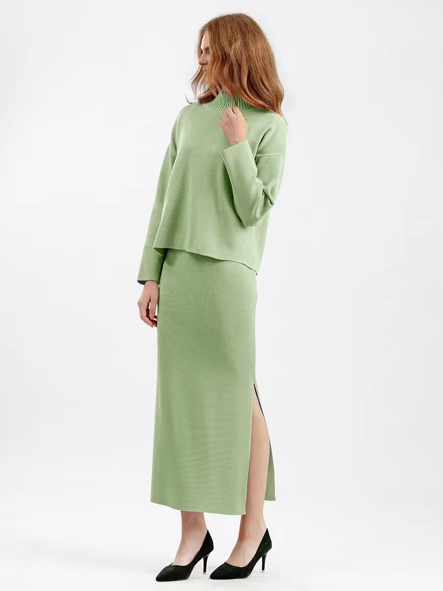 Casual Knitted Loose Warm Pullovers Sweater Two Pieces Long Skirt Suits
