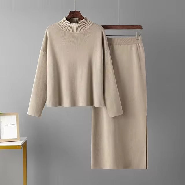 Casual Knitted Loose Warm Pullovers Sweater Two Pieces Long Skirt Suits