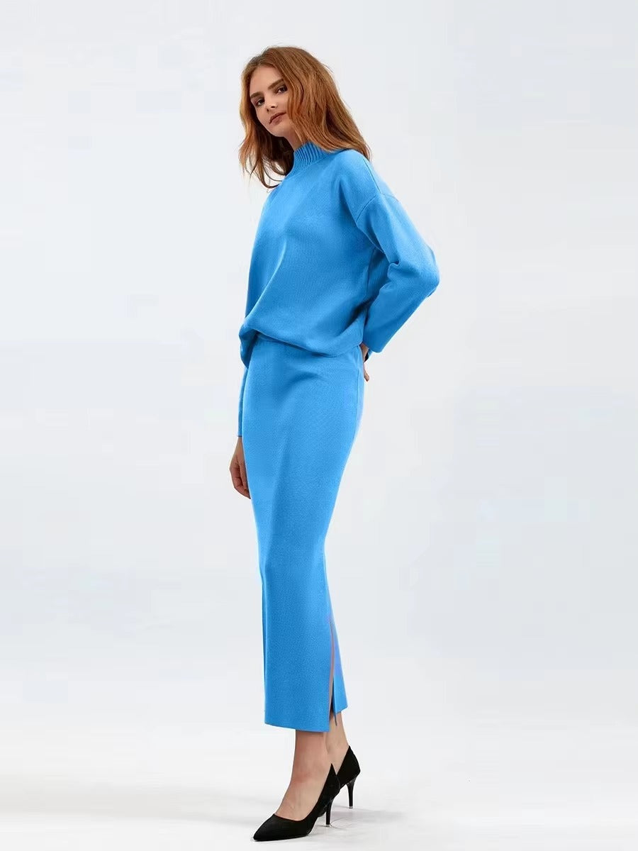 Casual Knitted Loose Warm Pullovers Sweater Two Pieces Long Skirt Suits