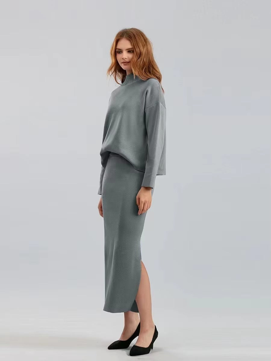 Casual Knitted Loose Warm Pullovers Sweater Two Pieces Long Skirt Suits