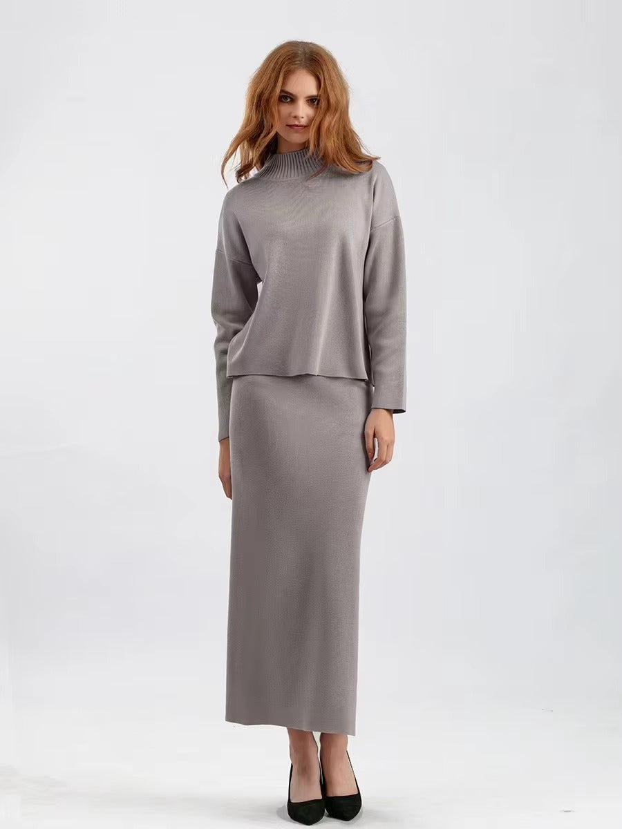 Casual Knitted Loose Warm Pullovers Sweater Two Pieces Long Skirt Suits