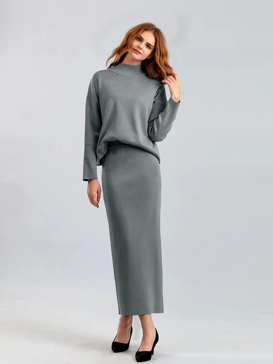 Casual Knitted Loose Warm Pullovers Sweater Two Pieces Long Skirt Suits