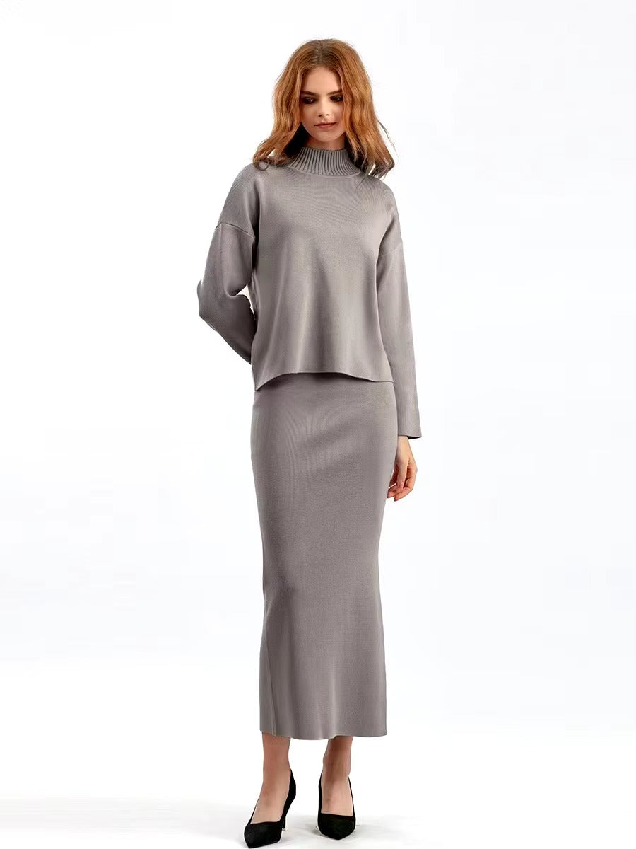 Casual Knitted Loose Warm Pullovers Sweater Two Pieces Long Skirt Suits