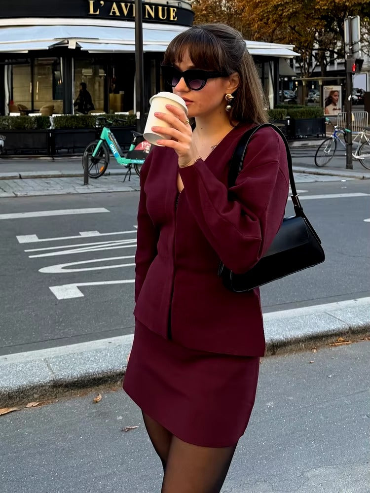 Casual Knitted Mini Skirt Long Sleeve Sweater 2 Pieces Suits