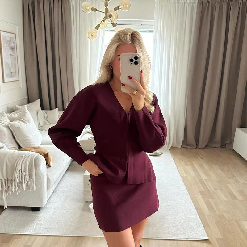 Casual Knitted Mini Skirt Long Sleeve Sweater 2 Pieces Suits