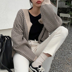 Casual Knitted Striped Cardigan Patchwork Top Sweater