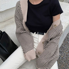 Casual Knitted Striped Cardigan Patchwork Top Sweater