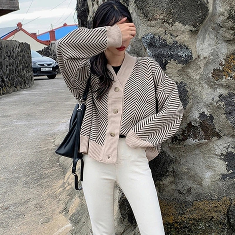 Casual Knitted Striped Cardigan Patchwork Top Sweater