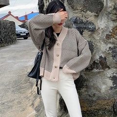 Casual Knitted Striped Cardigan Patchwork Top Sweater