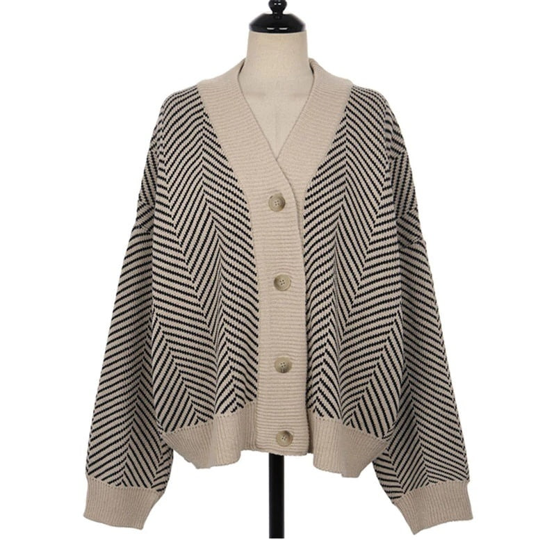 Casual Knitted Striped Cardigan Patchwork Top Sweater