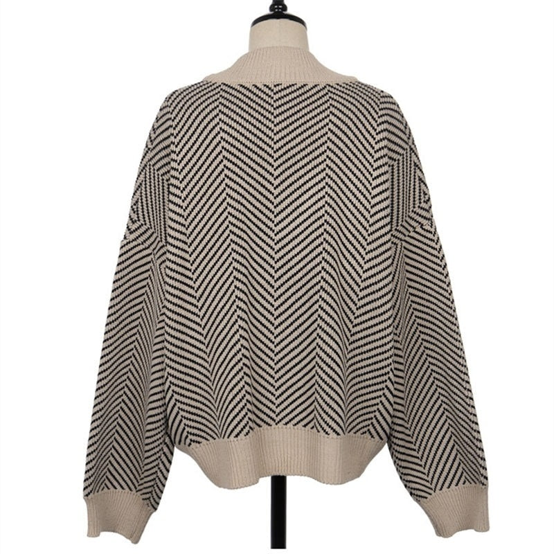 Casual Knitted Striped Cardigan Patchwork Top Sweater