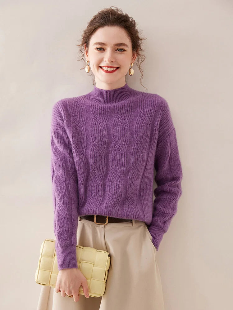 Casual Knitwear Thick Pullover Twist Flower Mock Neck Solid Cashmere Sweater