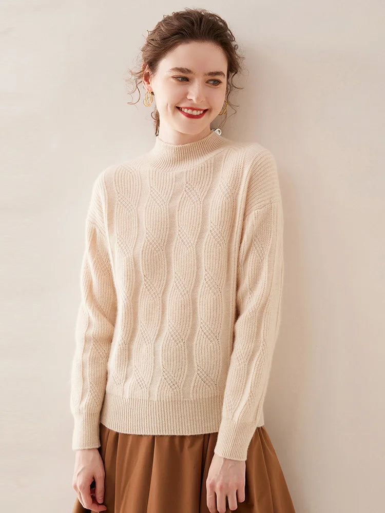 Casual Knitwear Thick Pullover Twist Flower Mock Neck Solid Cashmere Sweater