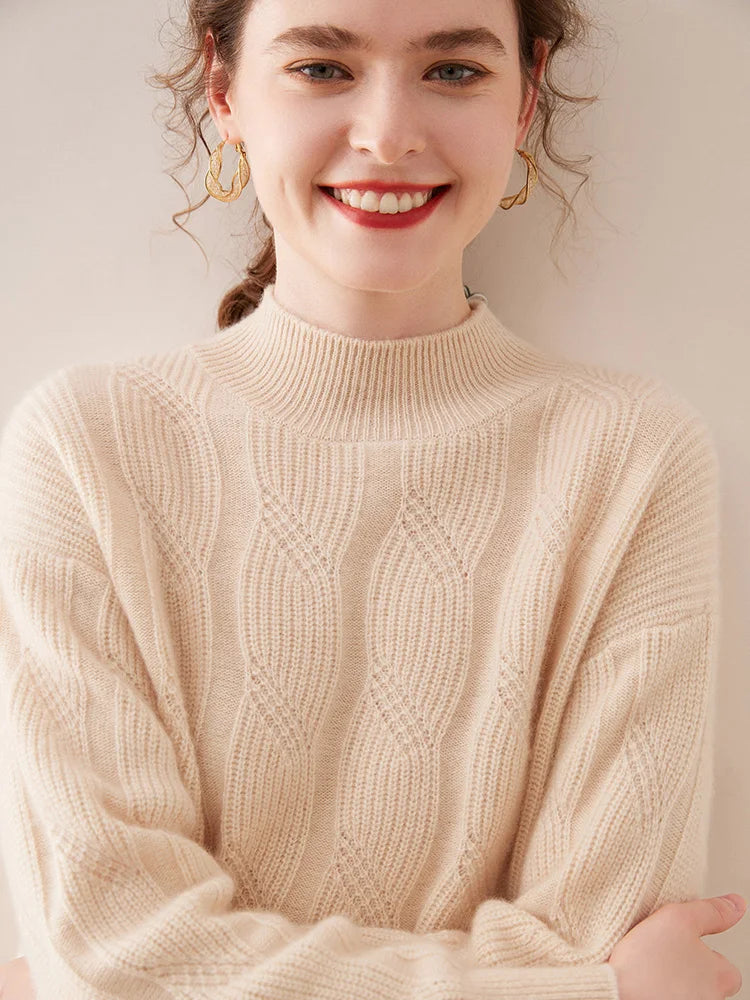 Casual Knitwear Thick Pullover Twist Flower Mock Neck Solid Cashmere Sweater