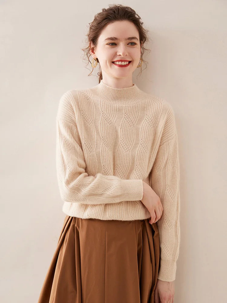 Casual Knitwear Thick Pullover Twist Flower Mock Neck Solid Cashmere Sweater
