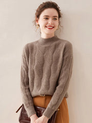 Casual Knitwear Thick Pullover Twist Flower Mock Neck Solid Cashmere Sweater