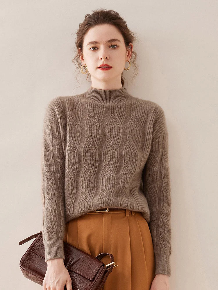 Casual Knitwear Thick Pullover Twist Flower Mock Neck Solid Cashmere Sweater
